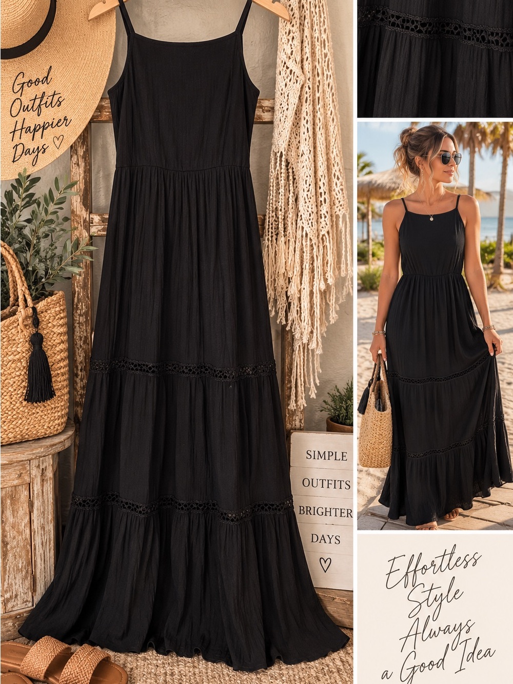 Lily Rose Black Spaghetti-Strap Tiered Maxi Dress